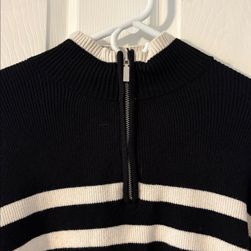 Striped Knit Sweater Black White Quarter Zip Minimalist Chic L - Picture 4 of 7